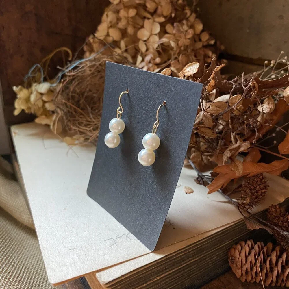 Double Faux Pearl Drop Earrings Gold Tone Earwire